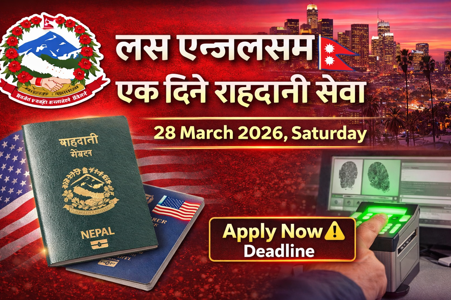 सान फ्रान्सिस्कोस्थित नेपाली महावाणिज्यदूतावासद्वारा लस एन्जलसमा राहदानी सेवा  – अनलाइन आवेदन खुला