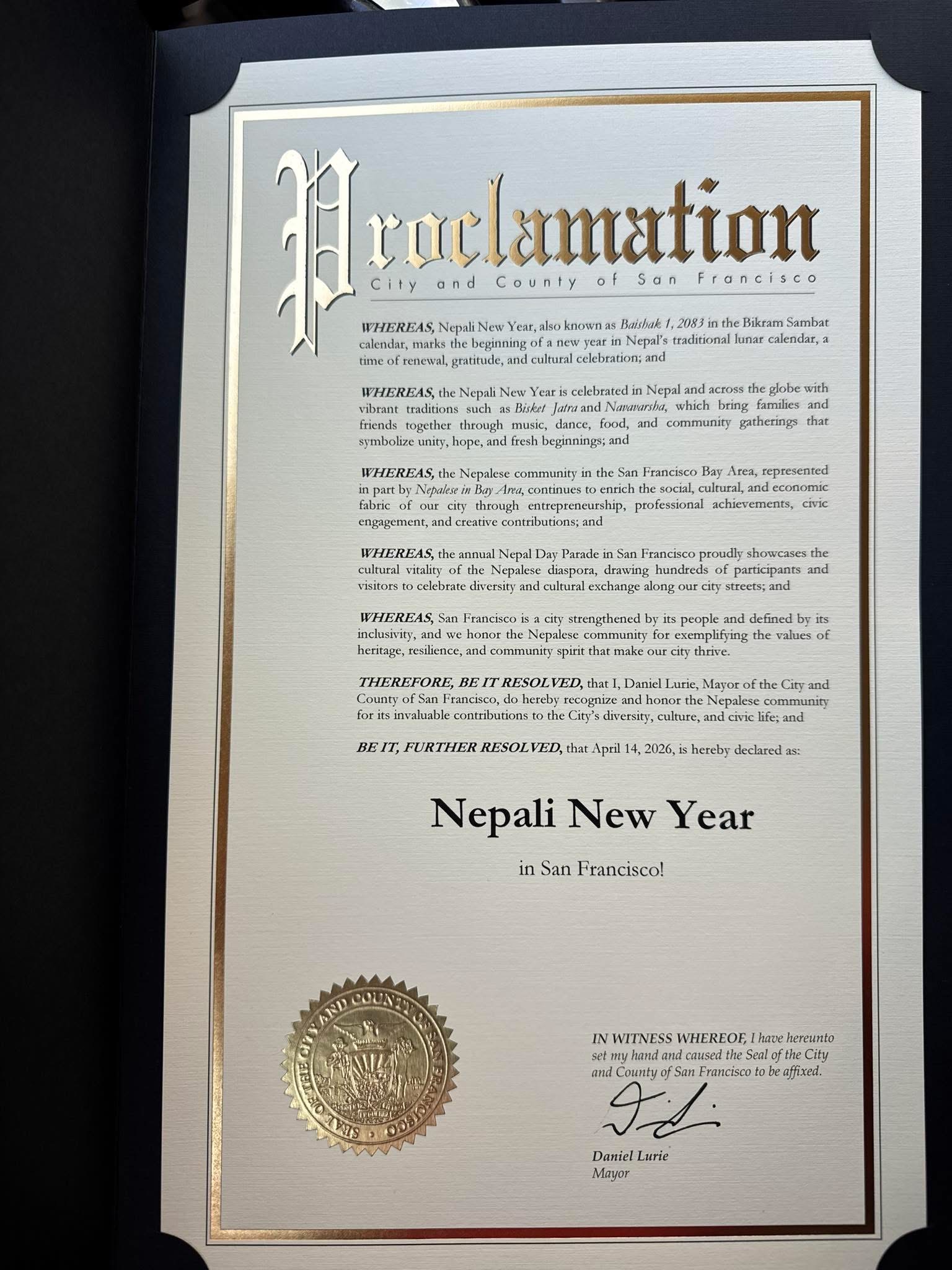 सान फ्रान्सिस्कोमा “नेपाली नयाँ वर्ष” आधिकारिक रूपमा घोषणा